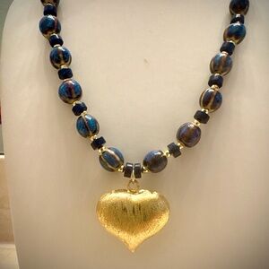 Gold and Blue Beaded Heart Pendant Necklace